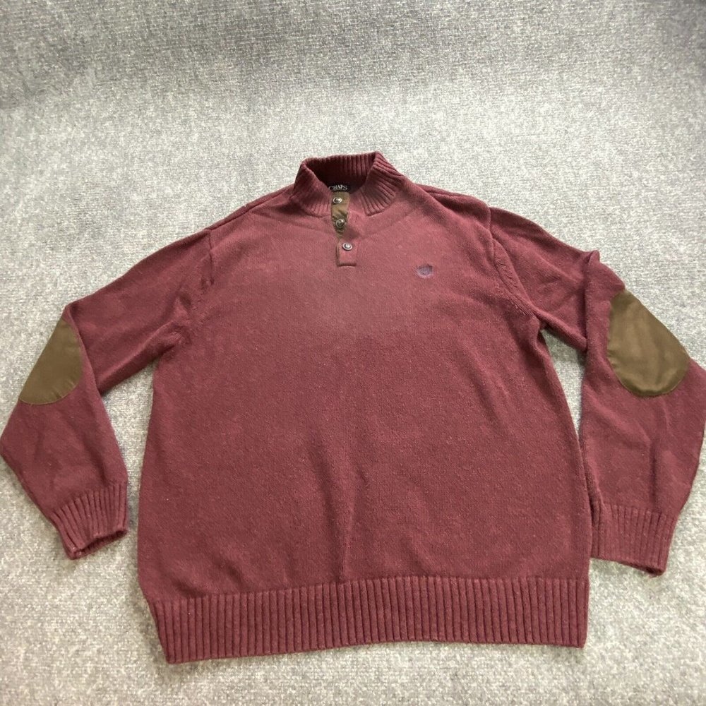 Y2K Chaps Sweater Mens XXL Burgundy Quarter Button Elbow Patch Preppy Academia